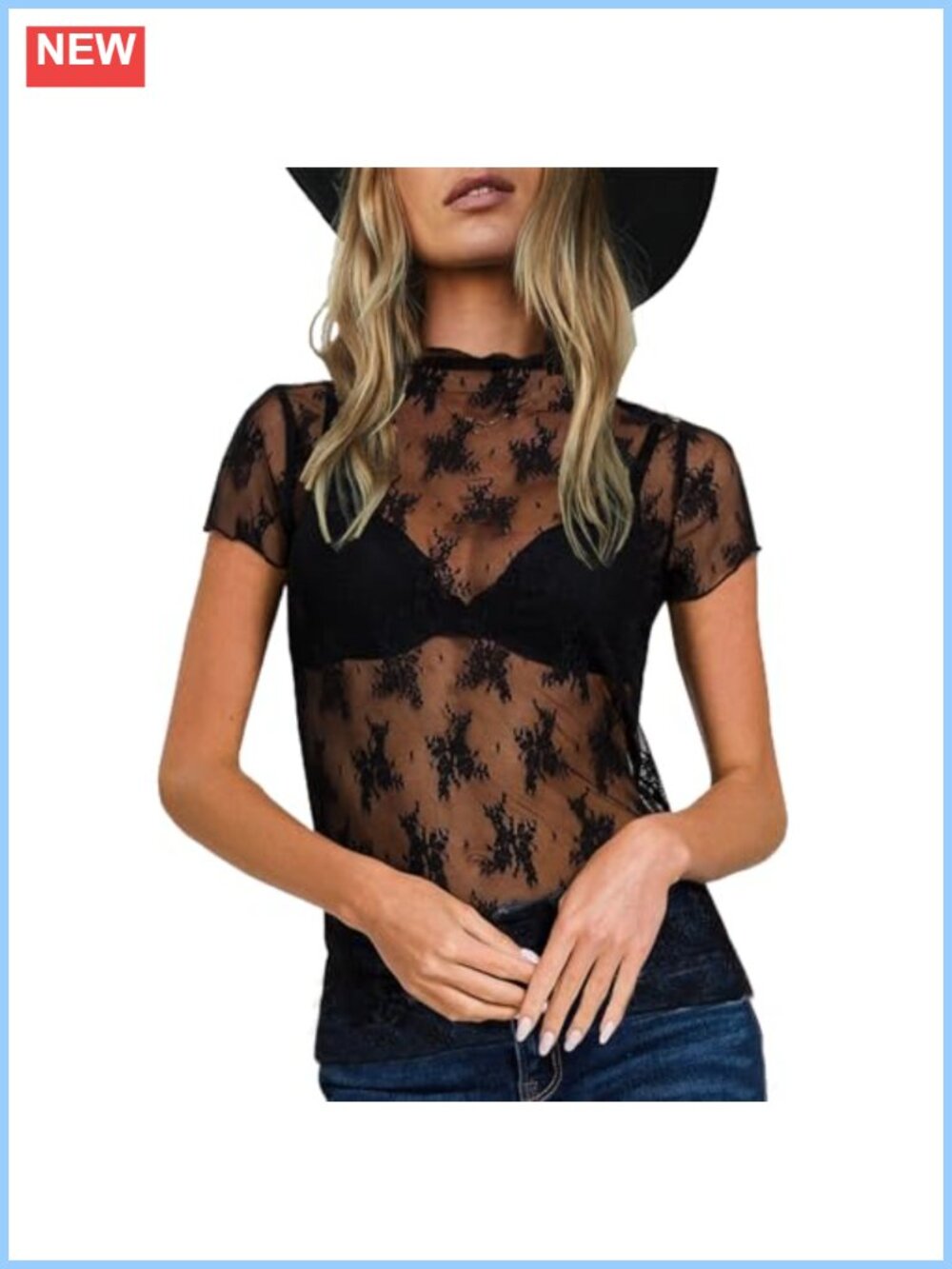 Sheer Mesh Short Sleeve Layering Top Mock Neck Floral Lace Tee